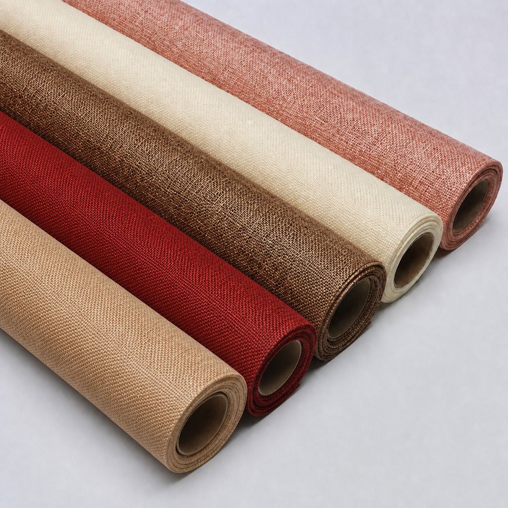 five linen wrapping paper rolls in coffee brown, light brown, red, beige and pink
